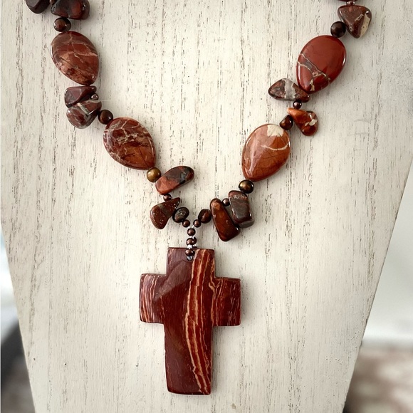 Red Jasper Necklace Natural Gemstones- AAA Nugget Bronze Color Freshwater Pearl - Picture 4 of 14